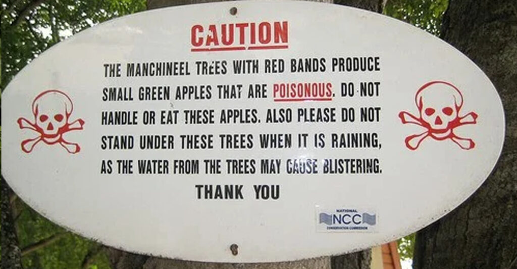 предупреждающая об опасности табличка на дереве смерти