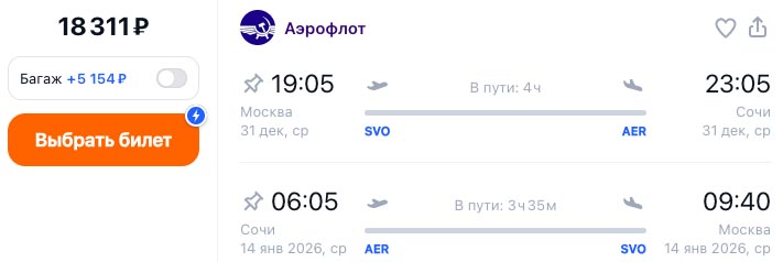 Из Москвы в Сочи на Новый 2026 год за 18300₽